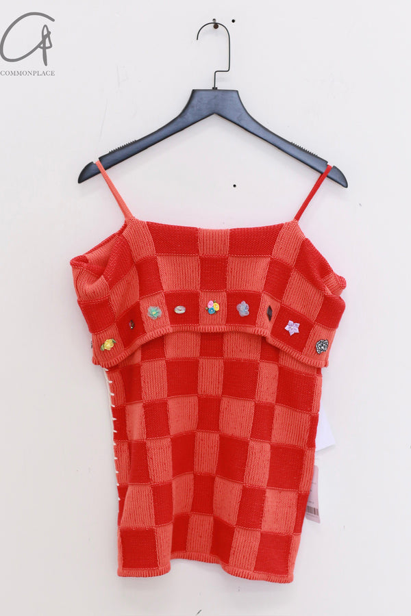 YANYAN KNITS 25 Spring/Summer Embellished Plaid Shoulder Top YYK-YYW25-0201-HONG Red